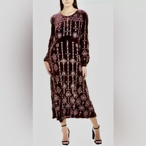 NWTs JOHNNY WAS Althea Dress Velvet Silk-Blend Maxi/Midi  Women's M Embroidered